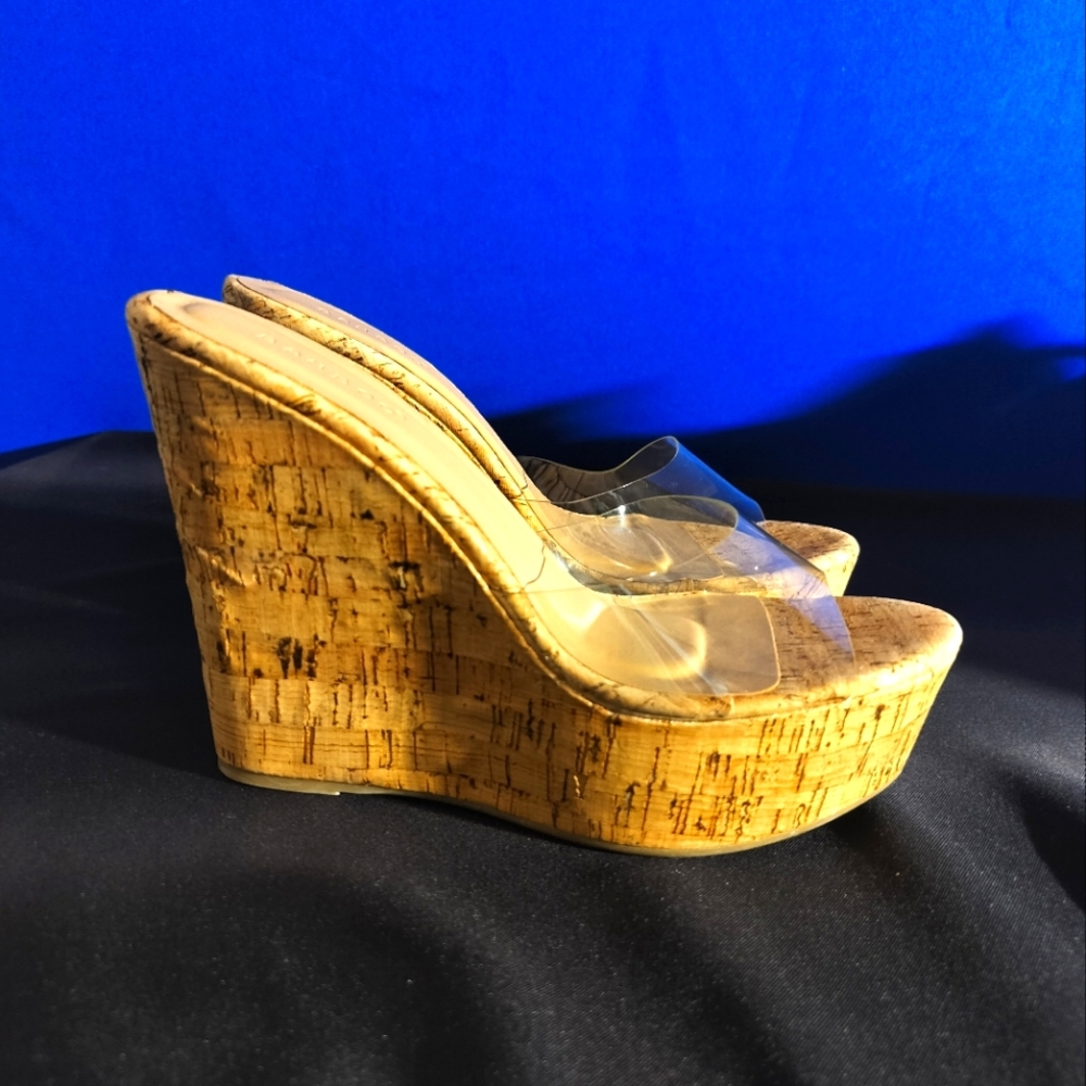 Bamboo Clear Strap Cork Wedges (Size 7.5)